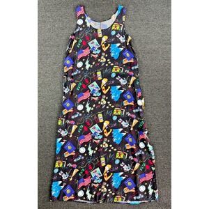 Vintage 90s Novelty Print Maxi‎ Dress USA Pop Art Tie Waist Sleeveless M